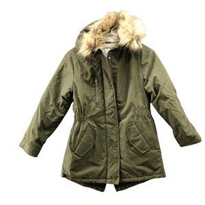 Falls Creek Girls 7/8 (M) Winter Parka Jacket Coat Army Green Fur Hood Insulated